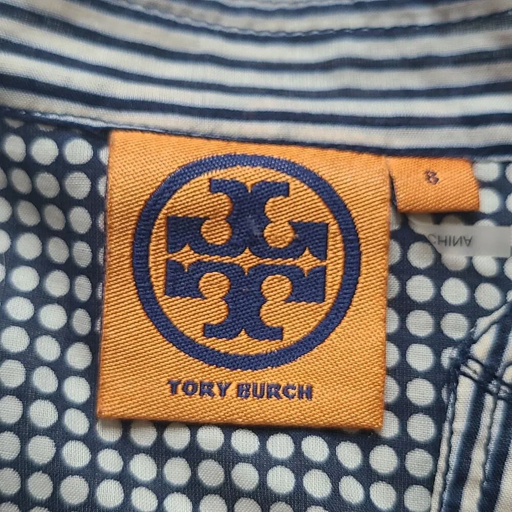 Tory Burch Top Tunic Navy White Sequin Split Neck Polka Dot Long Sleeve Size 8